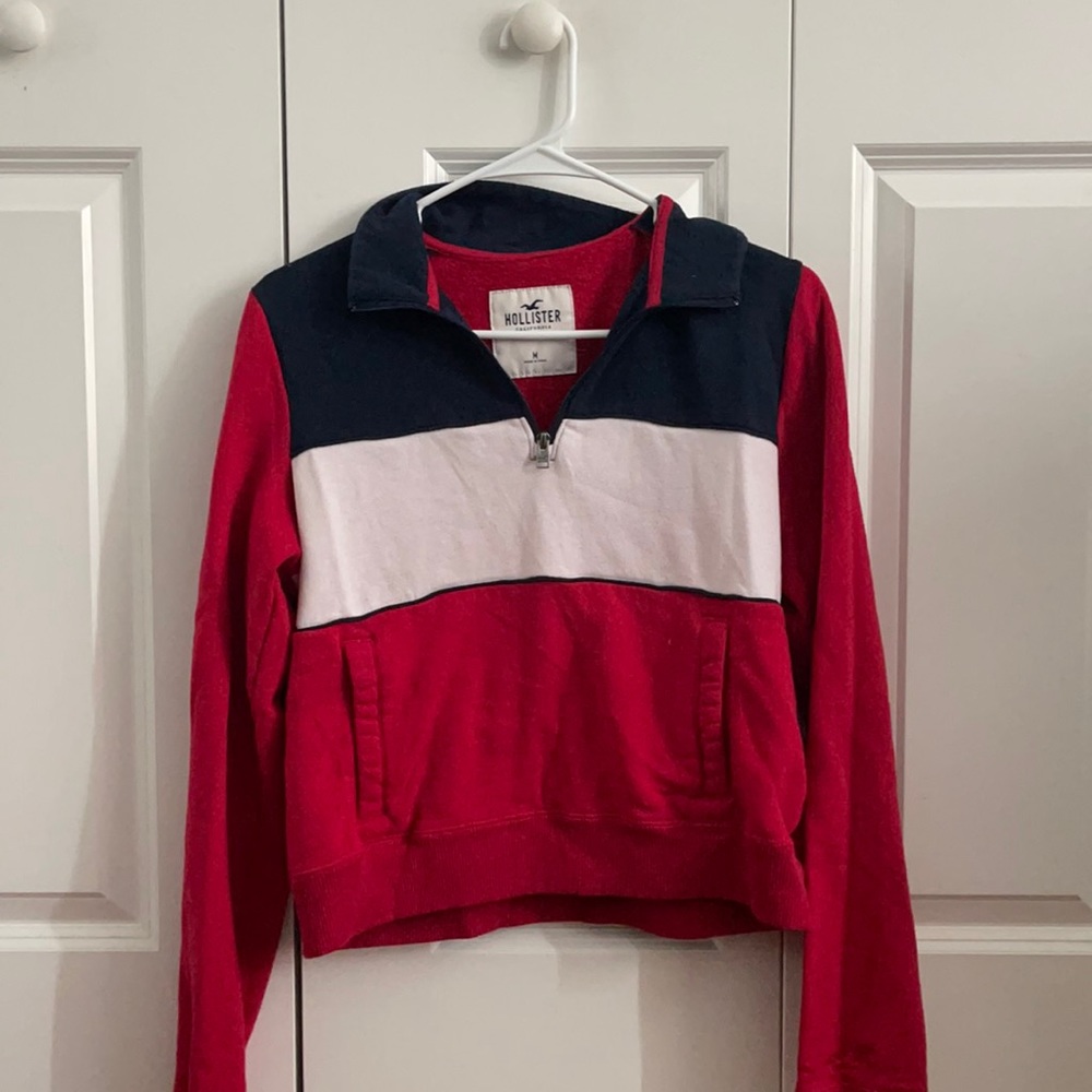 red stripped hollister quarter zip